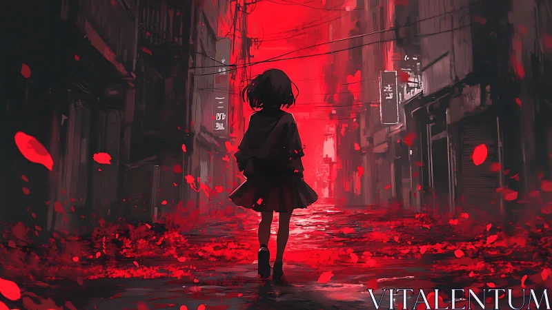 Silhouette girl walks through red lit empty urban alley.