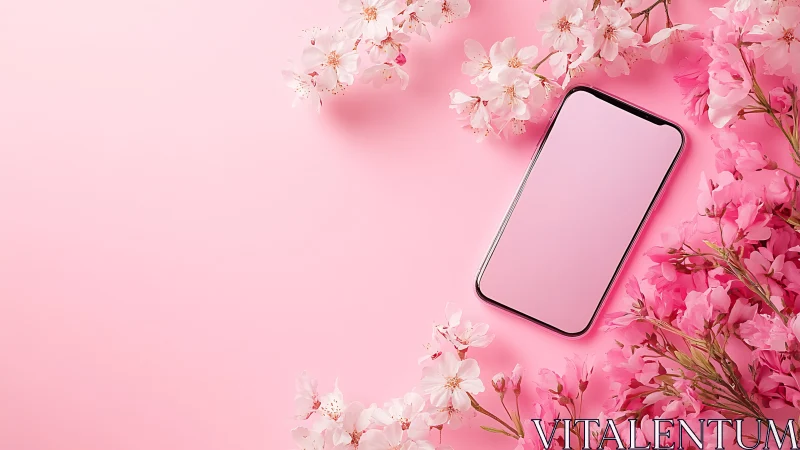 Smartphone Mockup Surrounded by Pink Blossoms.