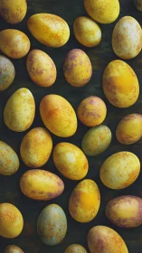 Speckled chromatic eggs in dense overhead planar array.