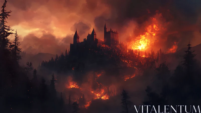 Castle Engulfed in Inferno: Gothic Fortress Consumed by Catastrophic Fire