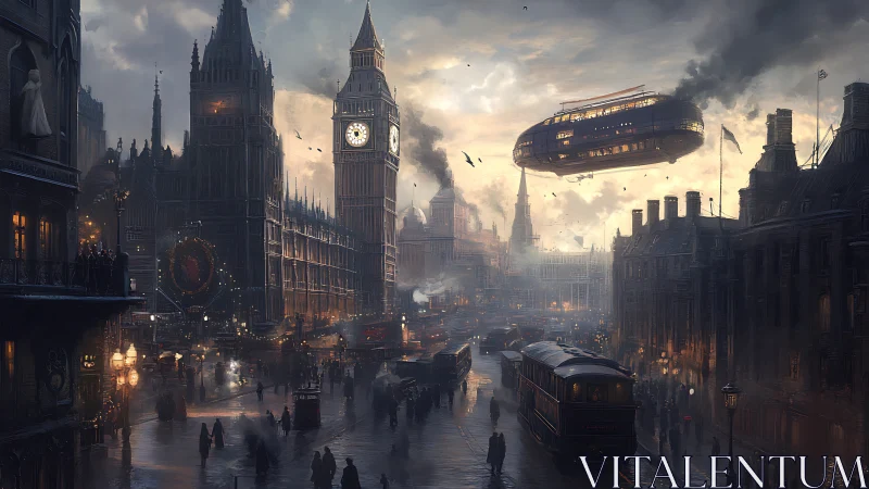 Steamlit London dusk with floating airship and busy streets.