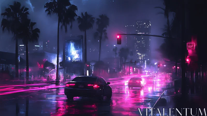 Neon lit city street with cars in rainy night traffic.