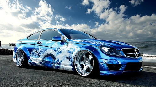 Blue Mercedes coupe with ocean wave wrap by the shore.
