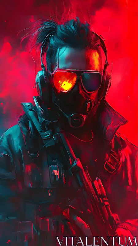 Masked cyber soldier with rifle in red neon haze.