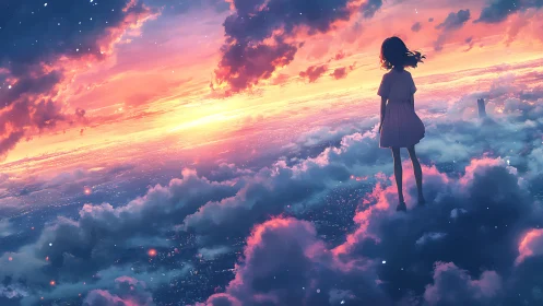 Girl stands above glowing city clouds at radiant sunset sky
