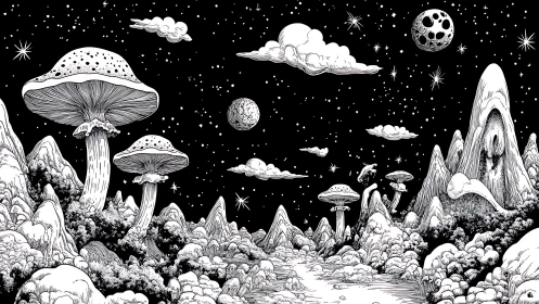 Monochrome extraterrestrial landscape with oversized fungi.