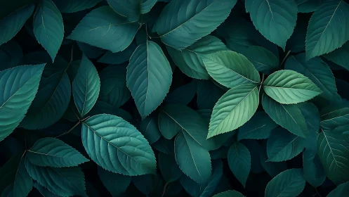 Teal foliage macro composition with layered leaf textures.