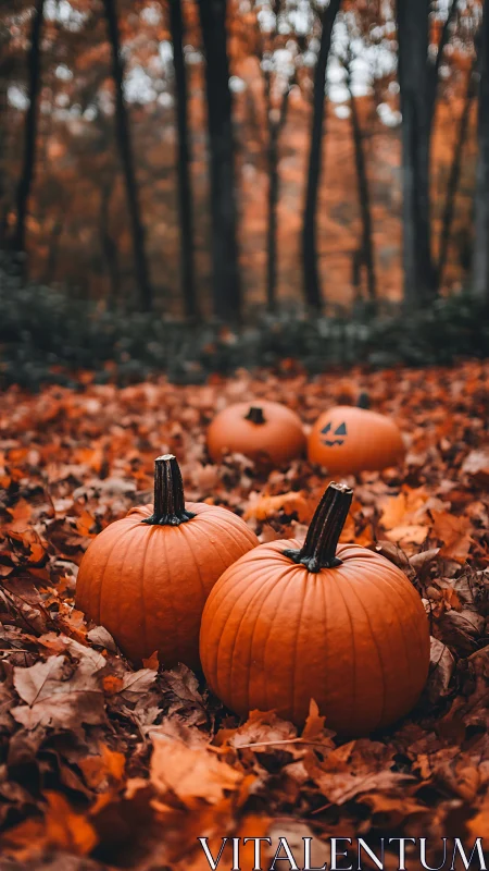 Plump pumpkins rest in a leaf-strewn forest on an autumn day