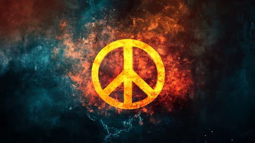 Fiery peace symbol blazes boldly through stormy teal void