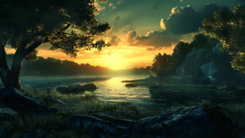 Sunset riverdream where quiet water cradles glowing sky.