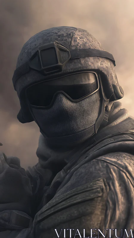 Tactical soldier portrait in armored combat gear at dusk.