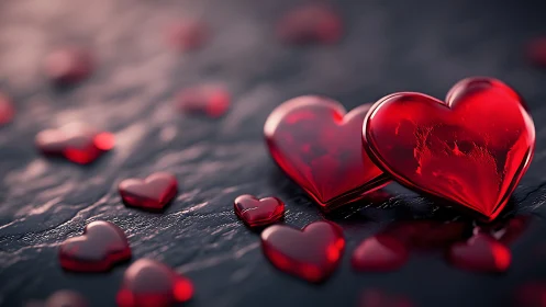 Translucent Red Hearts on Textured Dark Surface.