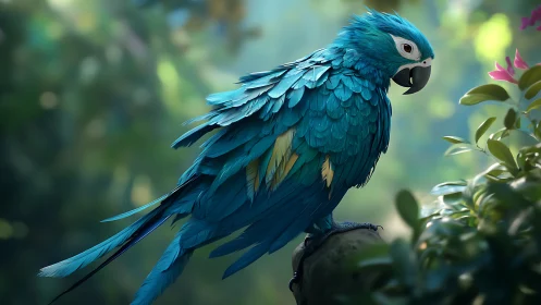 Vibrant Blue Parrot on Branch in Lush Tropical Jungle Scene.