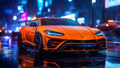 Neon-lit orange supercar render in rainy cyberpunk city street