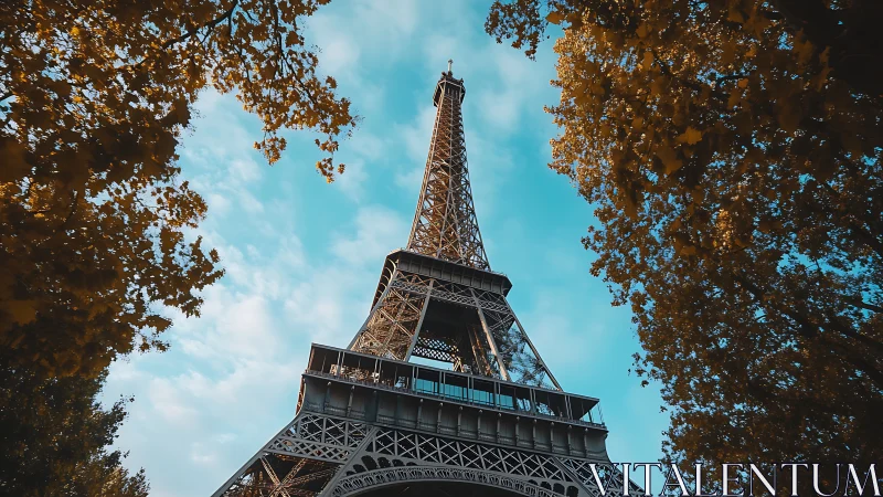 Sunlit tower framed by golden trees and bright blue sky.