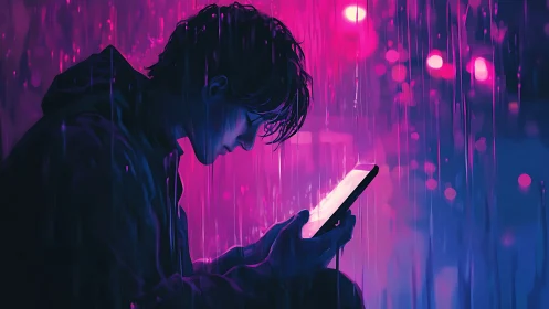 Neon rain solitude with a glowing screenlit midnight stranger.
