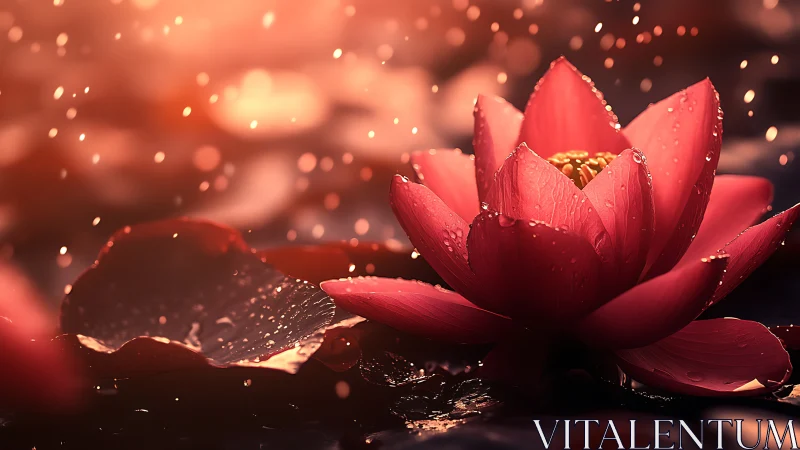 Red Lotus Flower with Golden Bokeh and Water Droplets