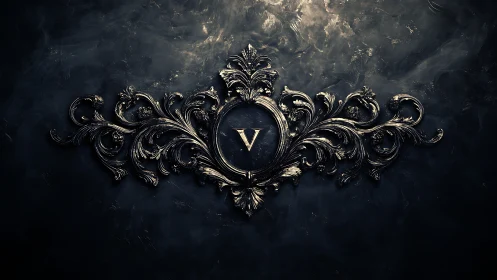 3D baroque emblem with metallic monogram centerpiece design.