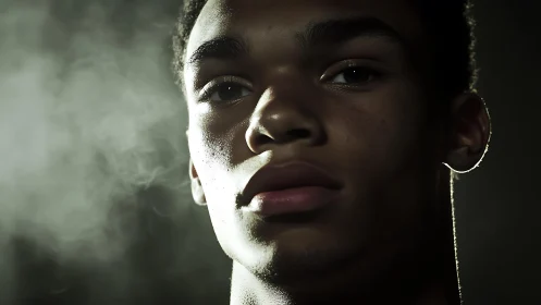 Moody close-up portrait in cinematic low-key lighting.