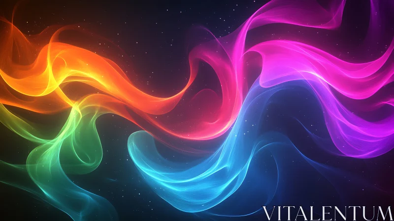 Prismatic energy ribbons swirling through deep cosmic void.