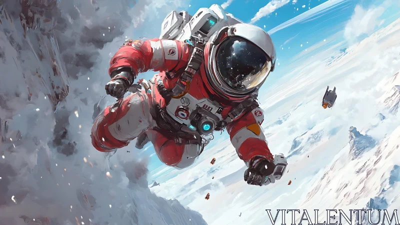 High-altitude astronaut in red EVA suit descends through icy clouds