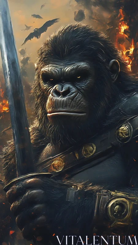 Warrior gorilla holding sword amid burning battlefield.