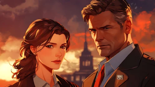 Serious man and woman in sunset city portrait scene.