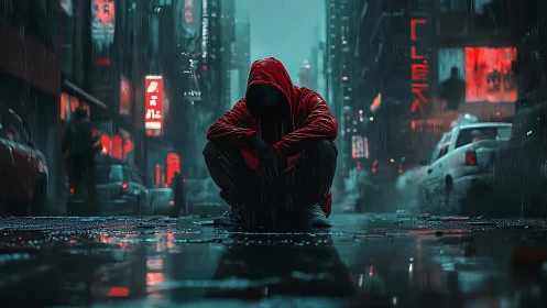 Hooded figure resting in rain soaked neon city street at night.