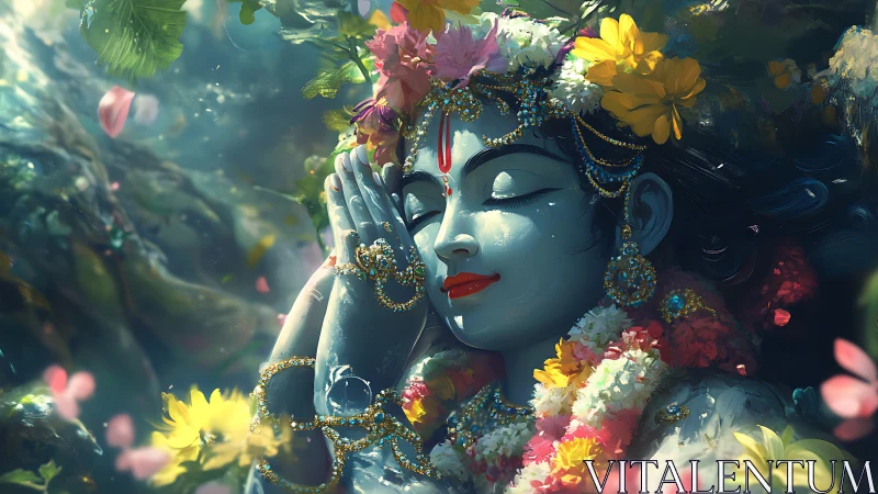 Divine blue figure rests amid radiant blossoms and jewels.