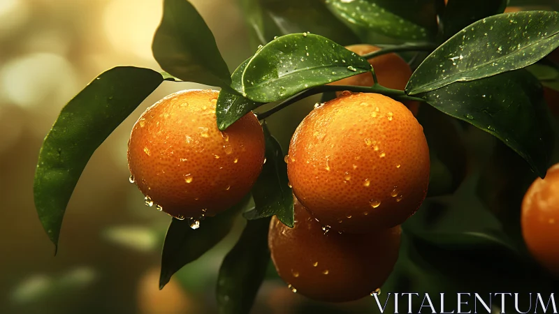Sunlit mandarins trade raindrops for a slow golden glow