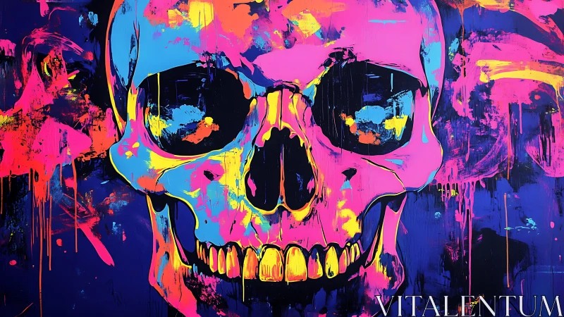 Neon skull graffiti art with bold dripping paint colors.
