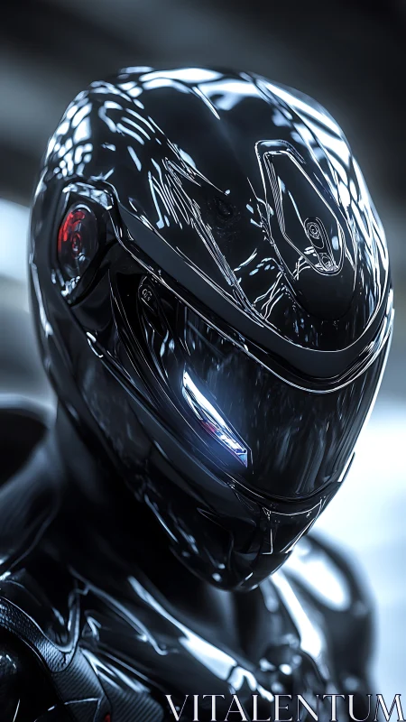 Chromed cybernetic helmet reflects cold studio highlights.