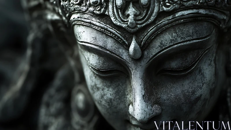 Close framing presents weathered metal sculpture face in detail