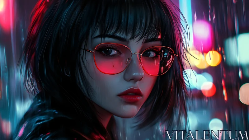 Woman with red glasses in neon city rain scene at night