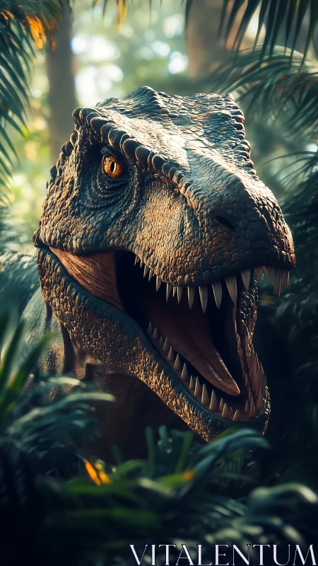 Predatory dinosaur roars in dense prehistoric jungle clearing