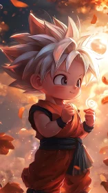 Glowing haired child hero stands ready in warm sunset light