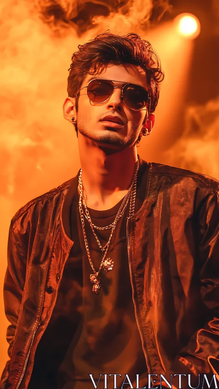 Stylish male portrait in orange stage smoke lighting.