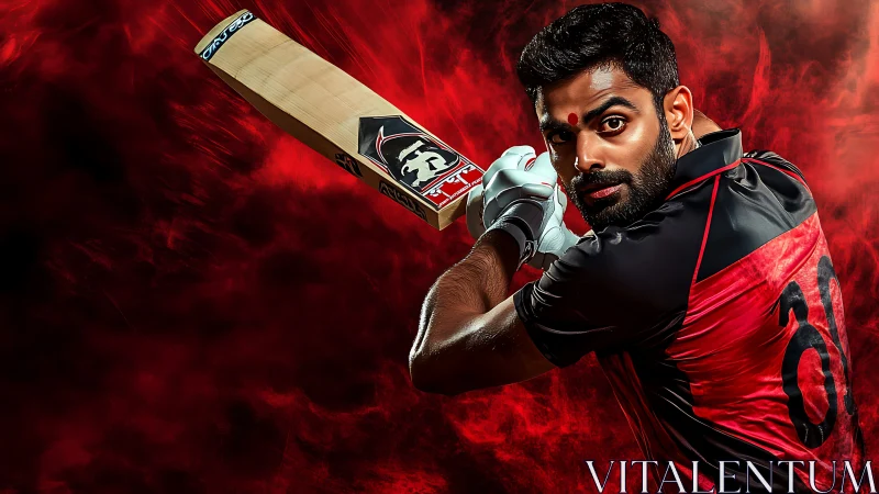 Cricketer grips bat mid-swing against intense red backdrop