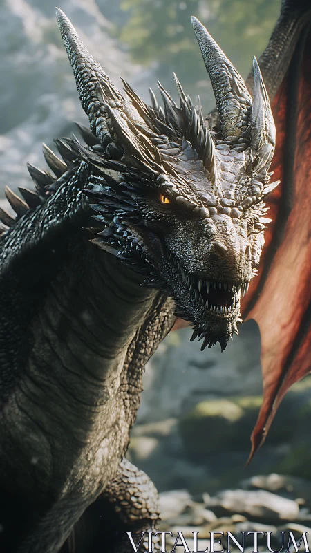 Mountain dragon pauses mid-roar in sunlit wild valley.