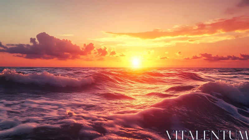 Sunlit ocean swells under vivid orange sunset horizon.