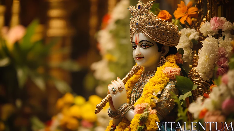 Ornate Krishna deity statue with jeweled crown and floral garlands