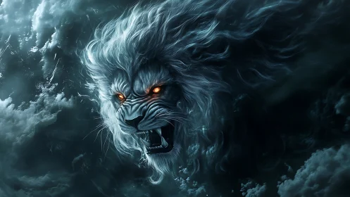 Stormborn spectral lion roars through swirling night clouds.