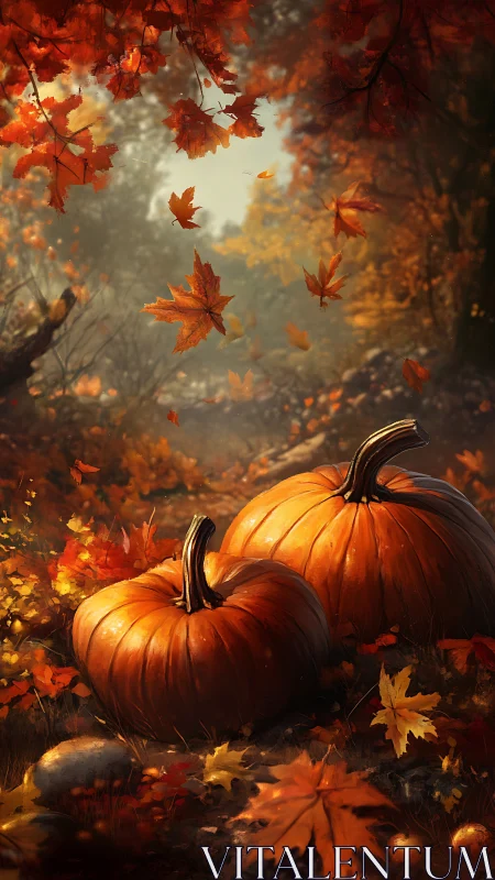 Autumn forest pumpkins under cascading golden foliage.