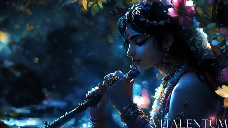 Mystical blue-skinned figure playing flute in night forest.