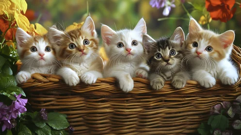 Five Kittens in Wicker Basket Surrounded by Colorful Garden Flowers.