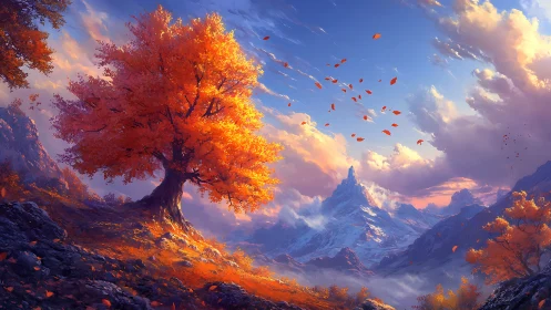 Flaming autumn tree guarding a crystal mountain horizon.