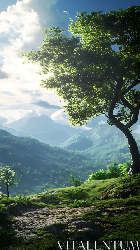 Mountain valley landscape with solitary tree and cloud formations.