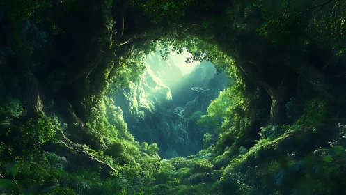 Cave opening through jungle canopy with mountain vista.
