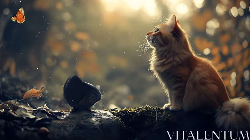 Orange cat watches butterfly in golden garden light