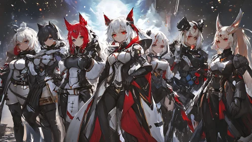 Fierce anime heroines united in bold sci‑fi battle armor.